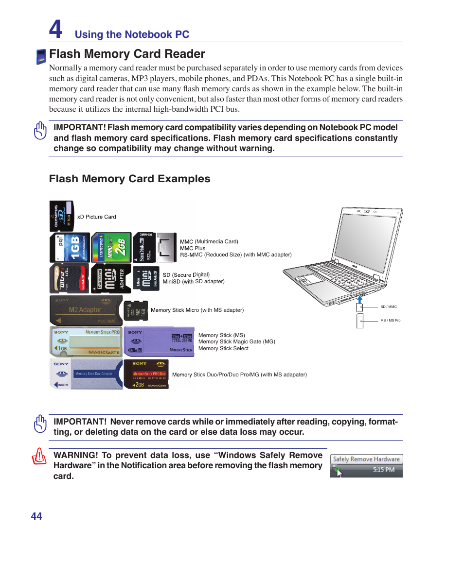 Flash memory card reader | Asus B80A User Manual | Page 44 / 88