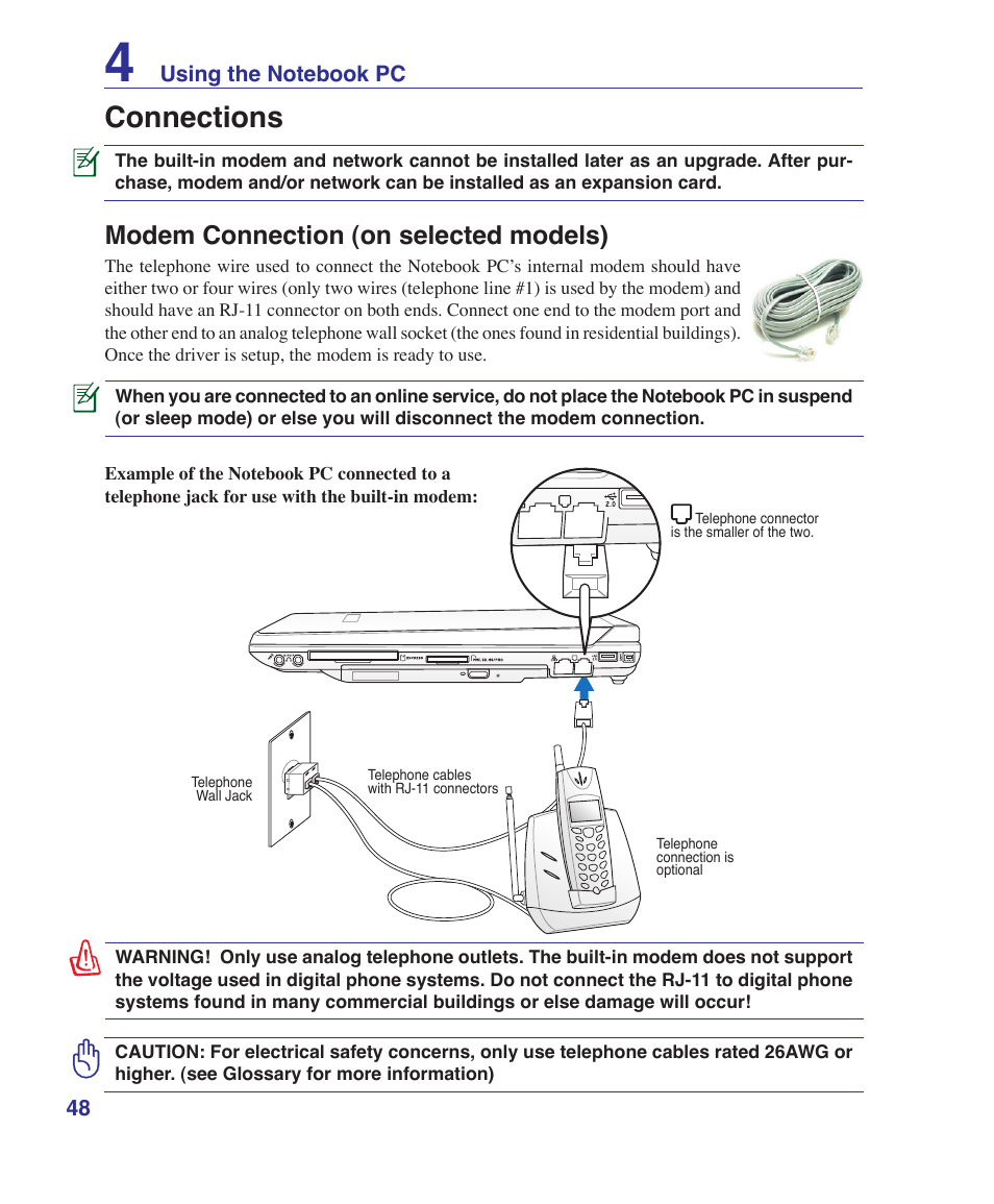 Connections, Modem connection (on selected models) | Asus B80A User Manual | Page 48 / 88