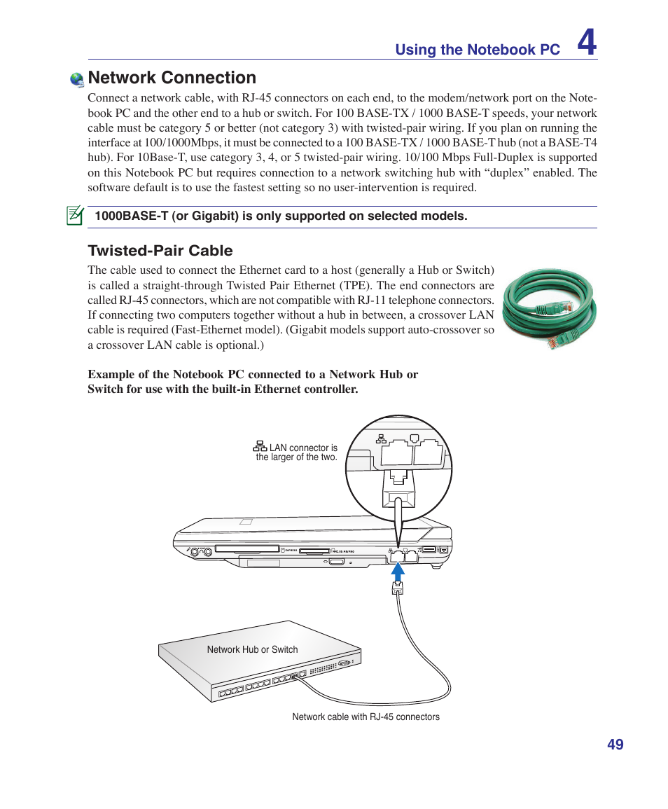 Network connection | Asus B80A User Manual | Page 49 / 88