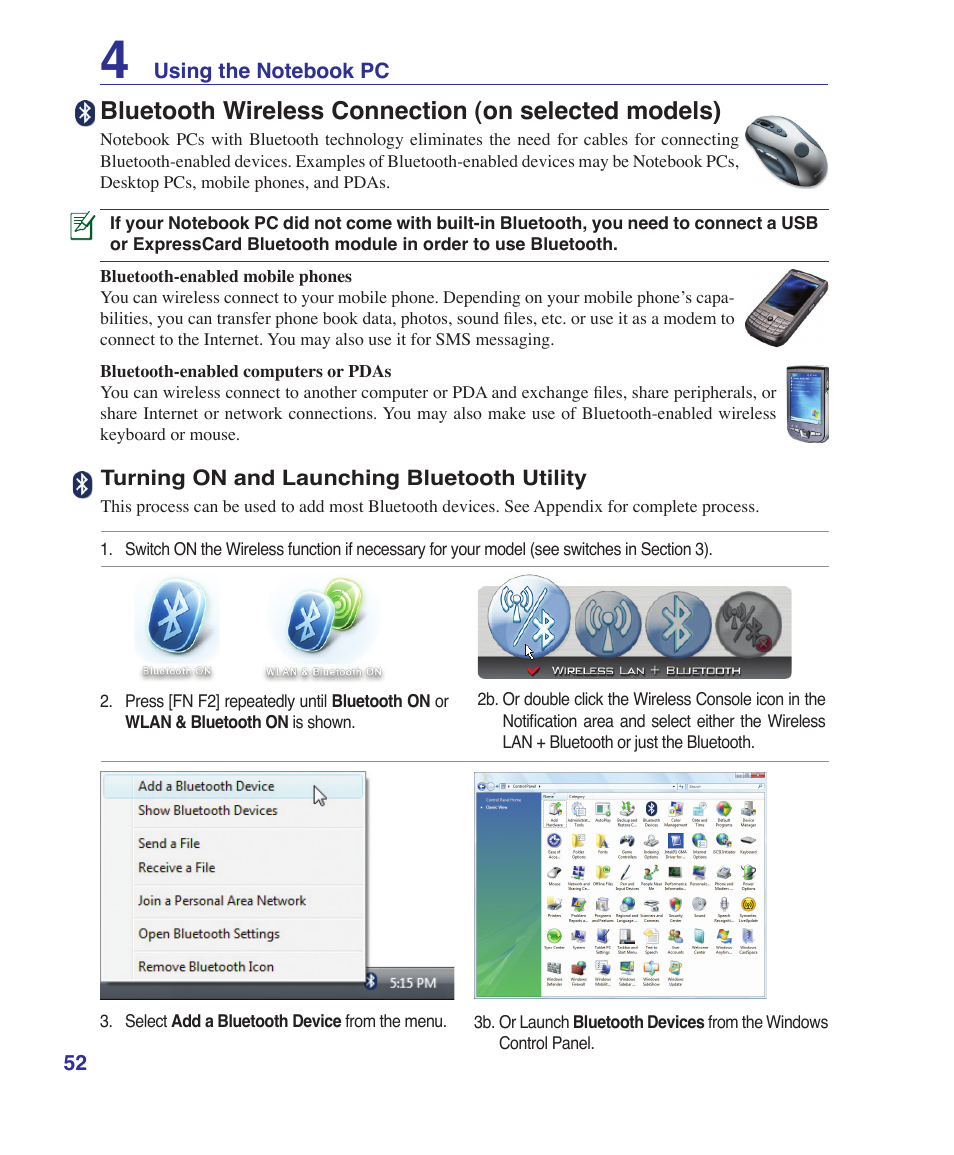 Bluetooth wireless connection (on selected models) | Asus B80A User Manual | Page 52 / 88
