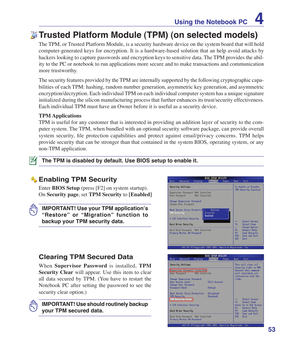 Trusted platform module (tpm) (on selected models) | Asus B80A User Manual | Page 53 / 88