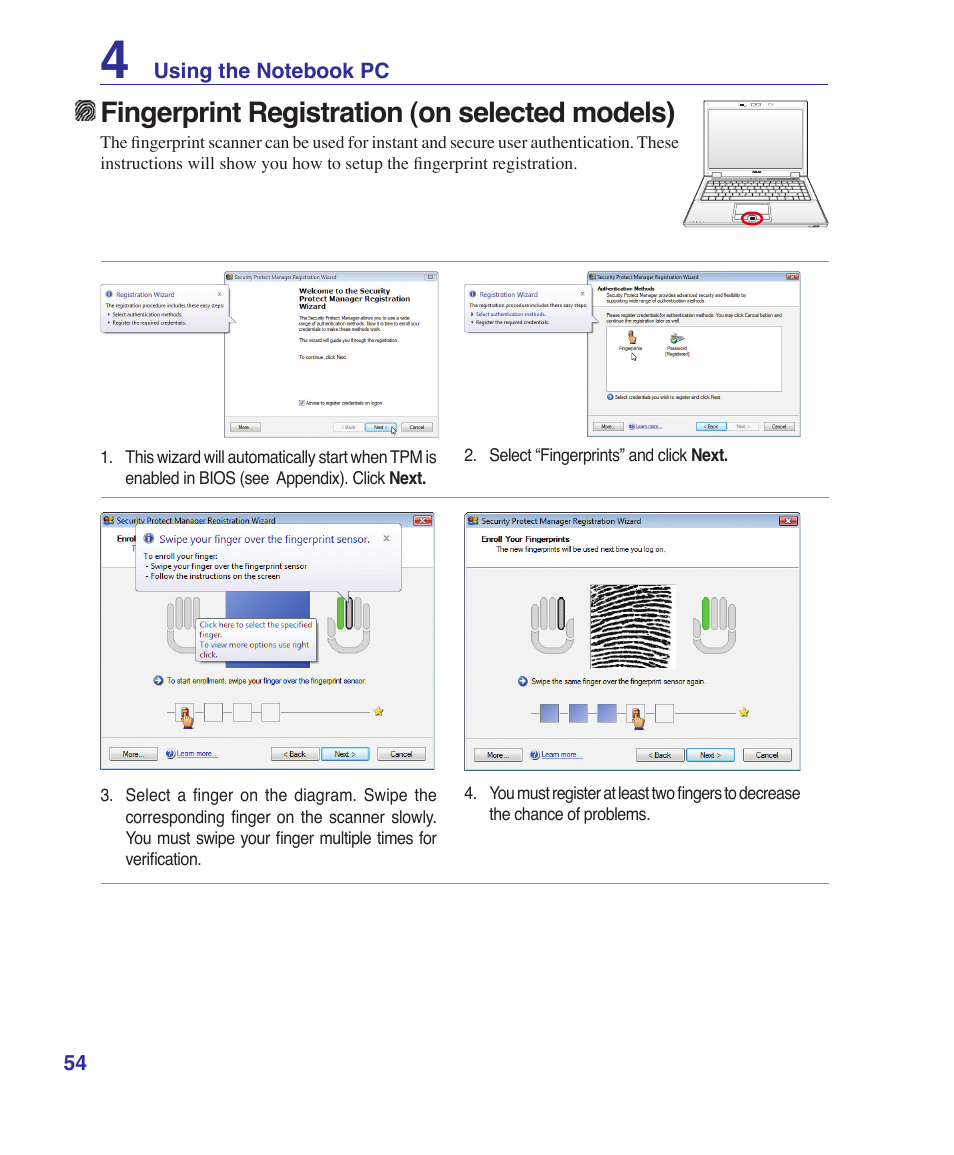 Fingerprint registration (on selected models) | Asus B80A User Manual | Page 54 / 88