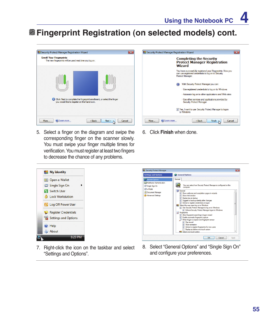 Fingerprint registration (on selected models) cont | Asus B80A User Manual | Page 55 / 88