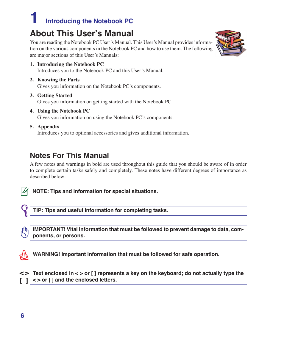 About this user’s manual, Notes for this manual | Asus B80A User Manual | Page 6 / 88