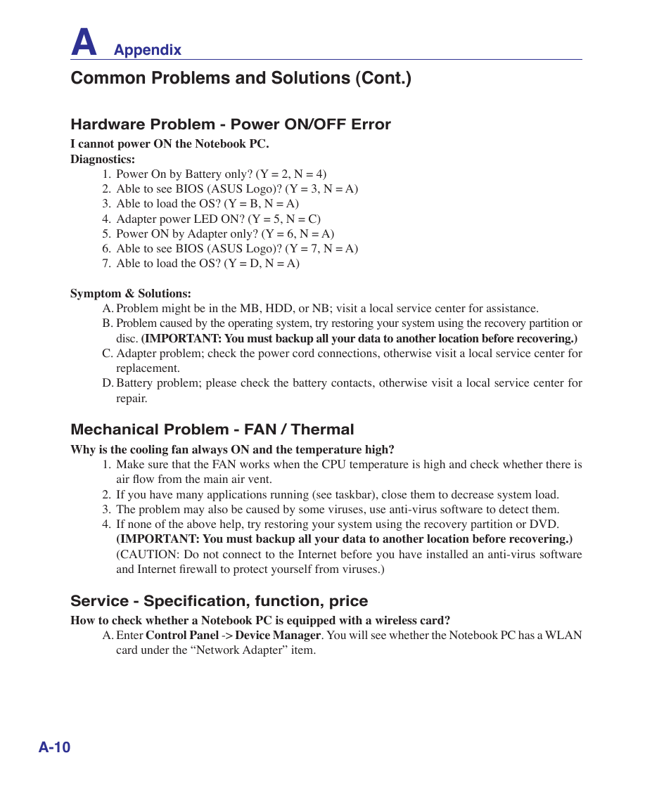 Common problems and solutions (cont.) | Asus B80A User Manual | Page 66 / 88