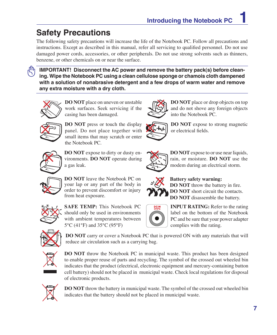 Safety precautions | Asus B80A User Manual | Page 7 / 88