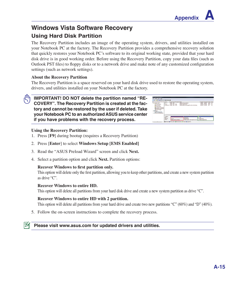 Windows vista software recovery | Asus B80A User Manual | Page 71 / 88