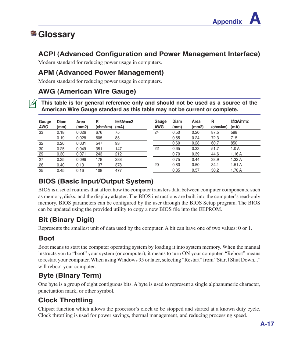 Glossary, Appendix, Apm (advanced power management) | Awg (american wire gauge), Bios (basic input/output system), Bit (binary digit), Boot, Byte (binary term), Clock throttling | Asus B80A User Manual | Page 73 / 88