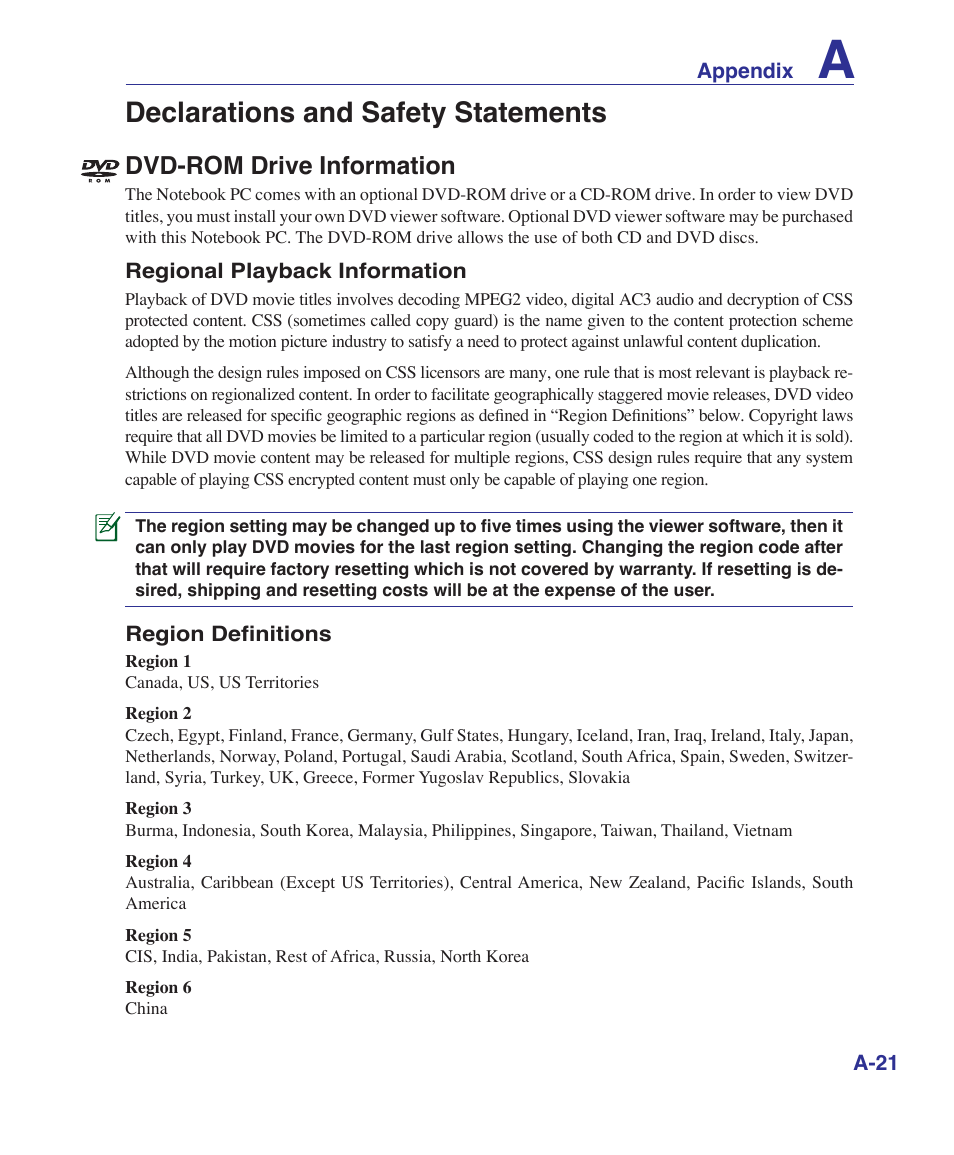 Declarations and safety statements, Dvd-rom drive information | Asus B80A User Manual | Page 77 / 88