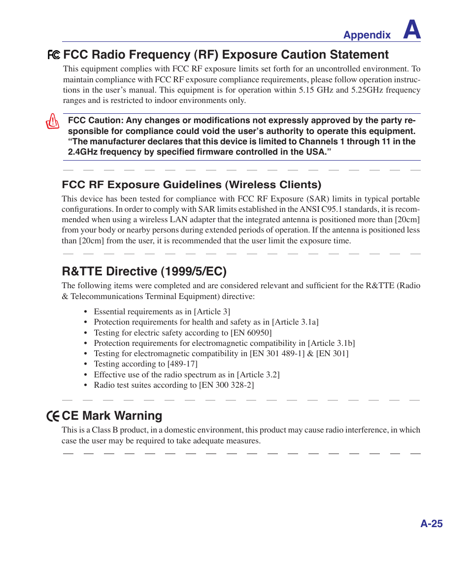 R&tte directive (1//ec), Ce mark warning | Asus B80A User Manual | Page 81 / 88