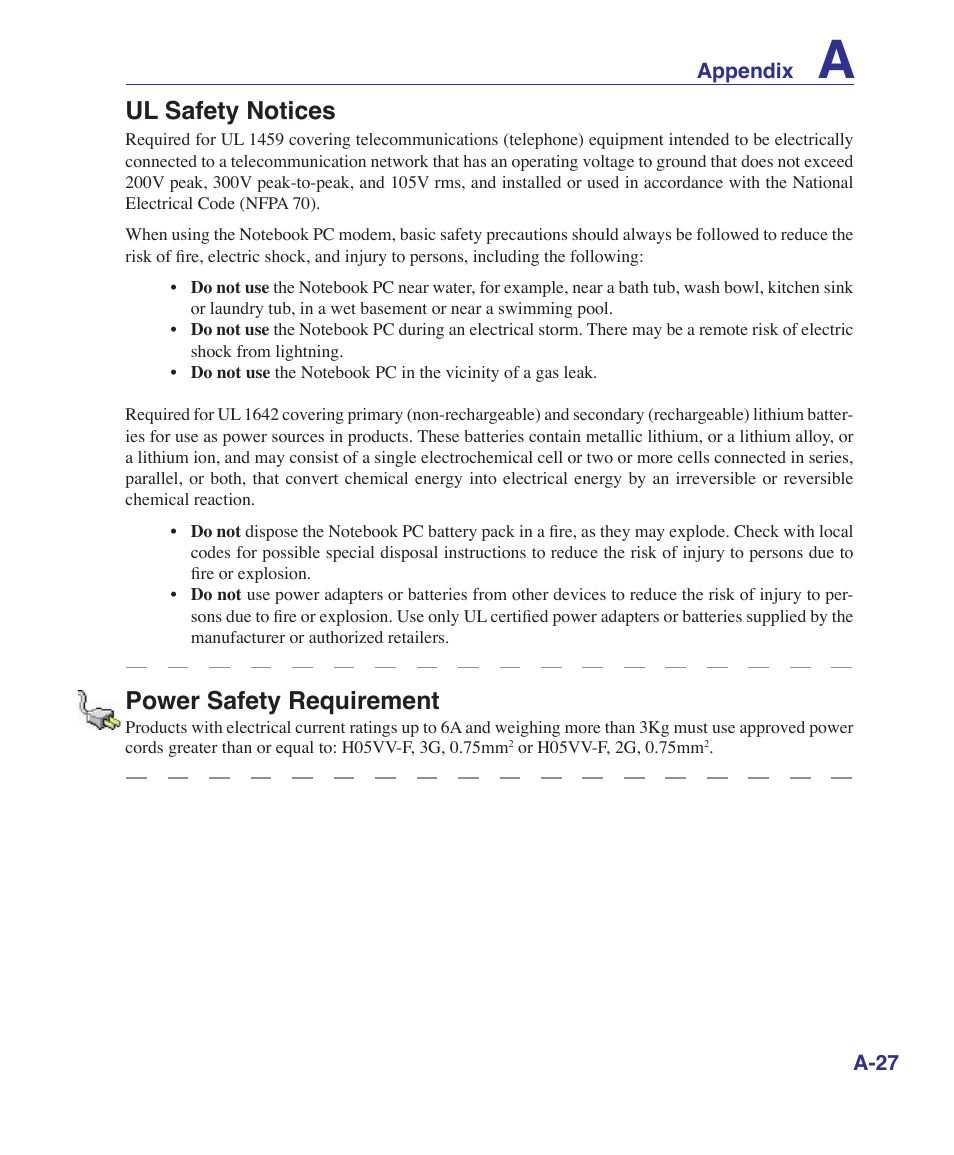 Ul safety notices, Power safety requirement | Asus B80A User Manual | Page 83 / 88
