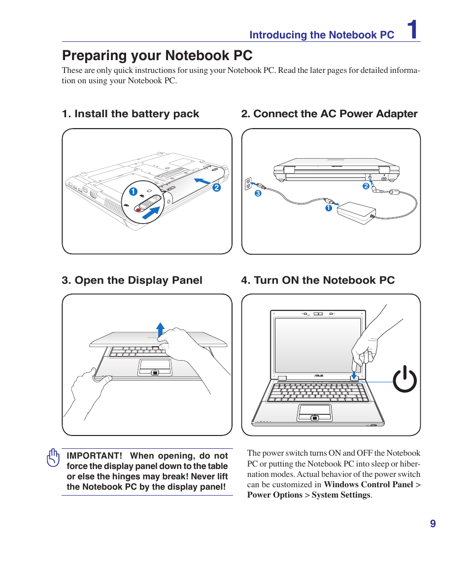 Preparing your notebook pc | Asus B80A User Manual | Page 9 / 88