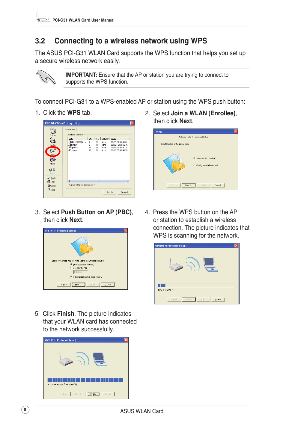 2 connecting to a wireless network using wps | Asus PCI-G31 User Manual | Page 11 / 38