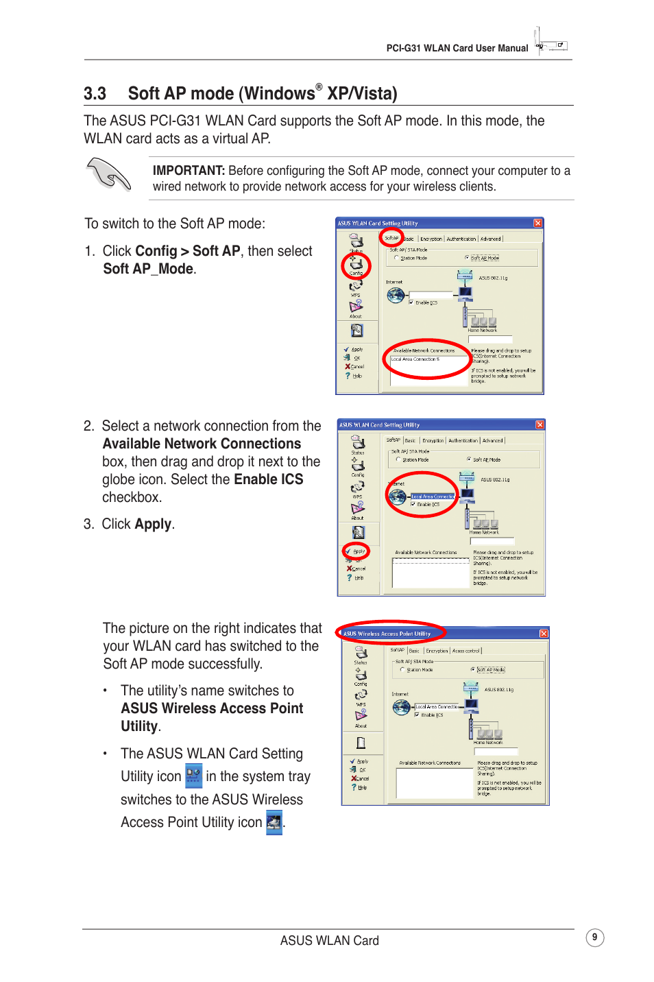 3 soft ap mode (windows® xp/vista), 3 soft ap mode (windows, Xp/vista) | Asus PCI-G31 User Manual | Page 12 / 38