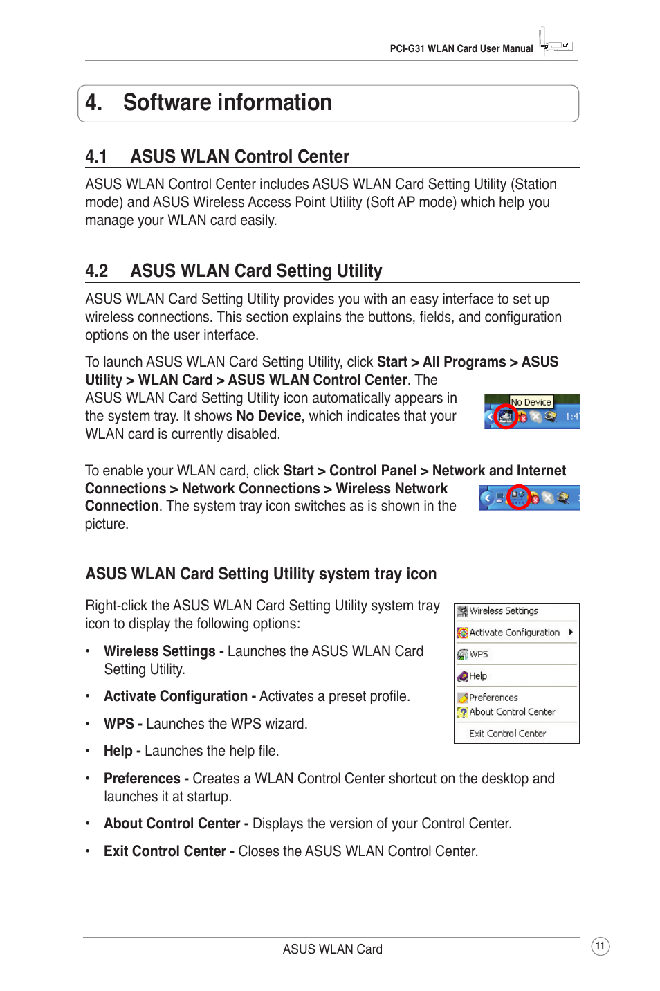 Software information, 1 asus wlan control center, 2 asus wlan card setting utility | Asus PCI-G31 User Manual | Page 14 / 38