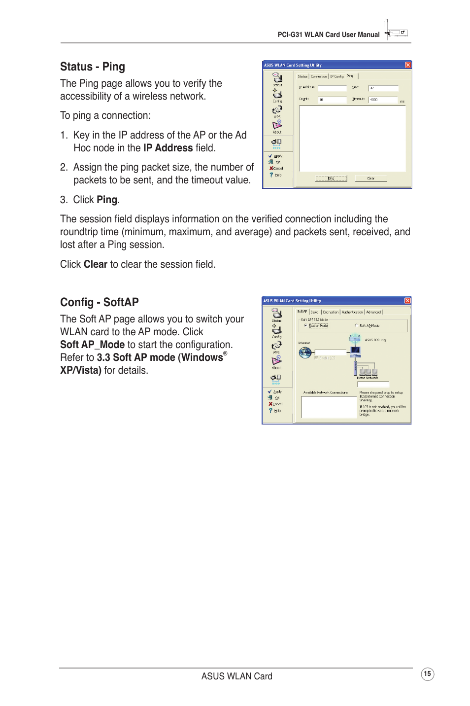 Status - ping, Config - softap | Asus PCI-G31 User Manual | Page 18 / 38