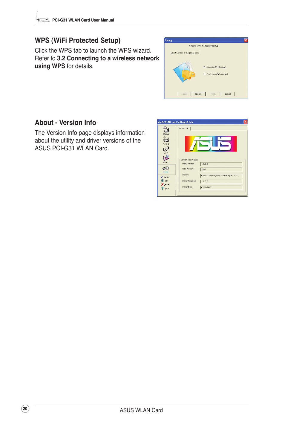 About - version info, Wps (wifi protected setup) | Asus PCI-G31 User Manual | Page 23 / 38