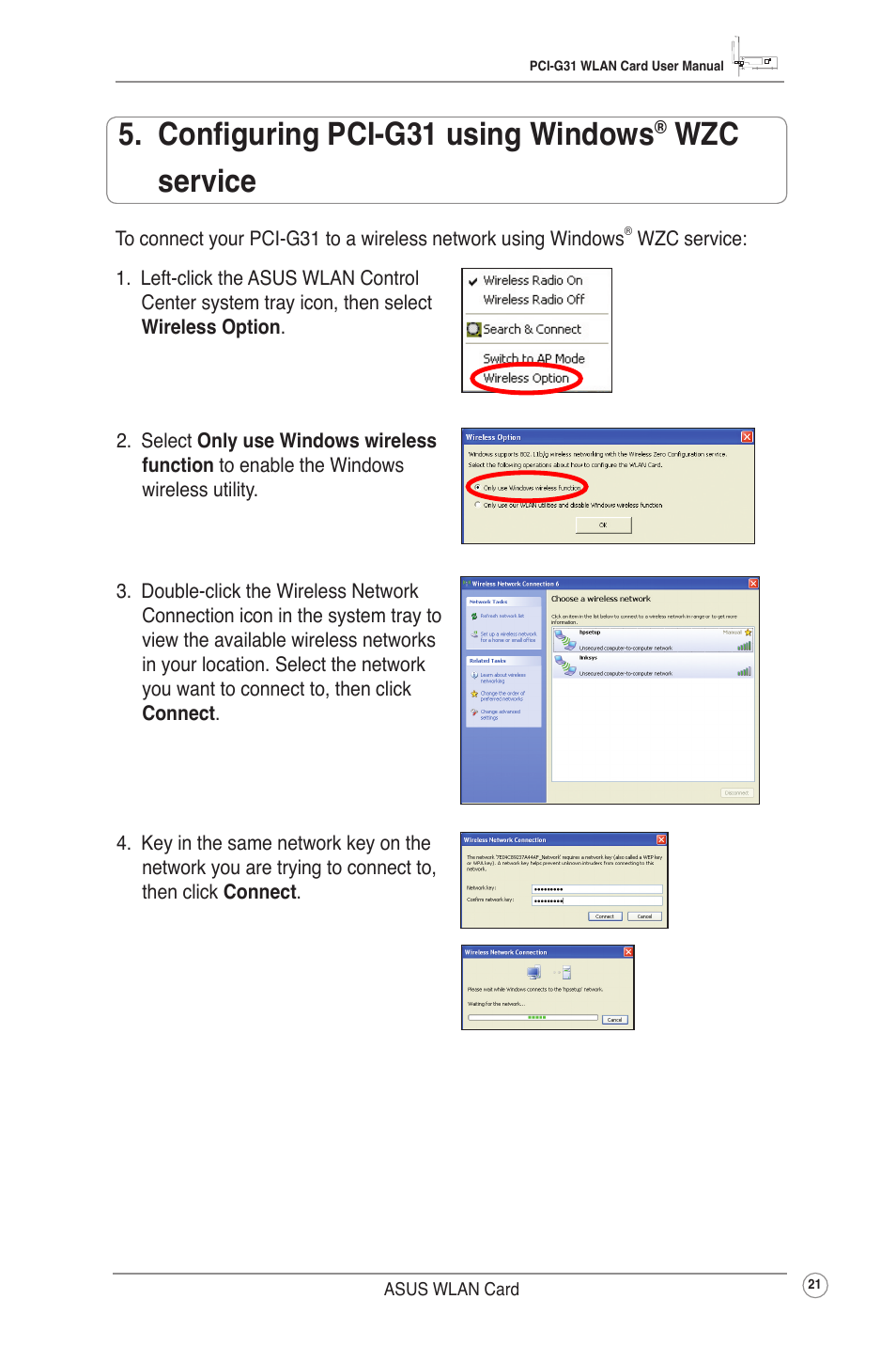 Configuring pci-g31 using windows® wzc service, Configuring pci-g31 using windows, Wzc service | Asus PCI-G31 User Manual | Page 24 / 38