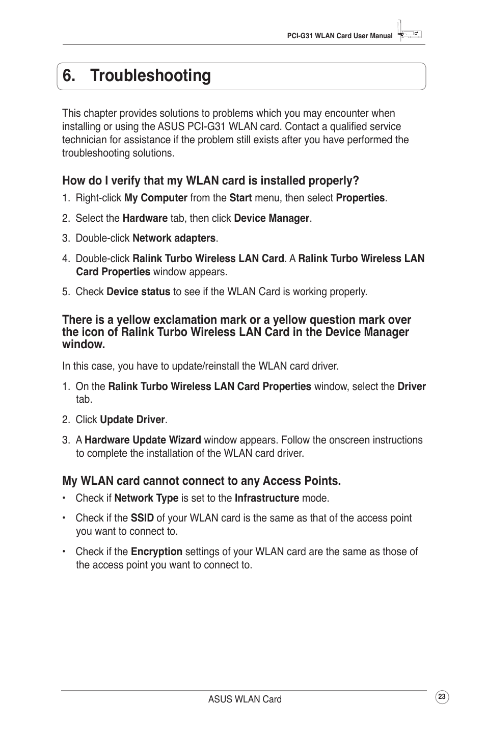 Troubleshooting | Asus PCI-G31 User Manual | Page 26 / 38