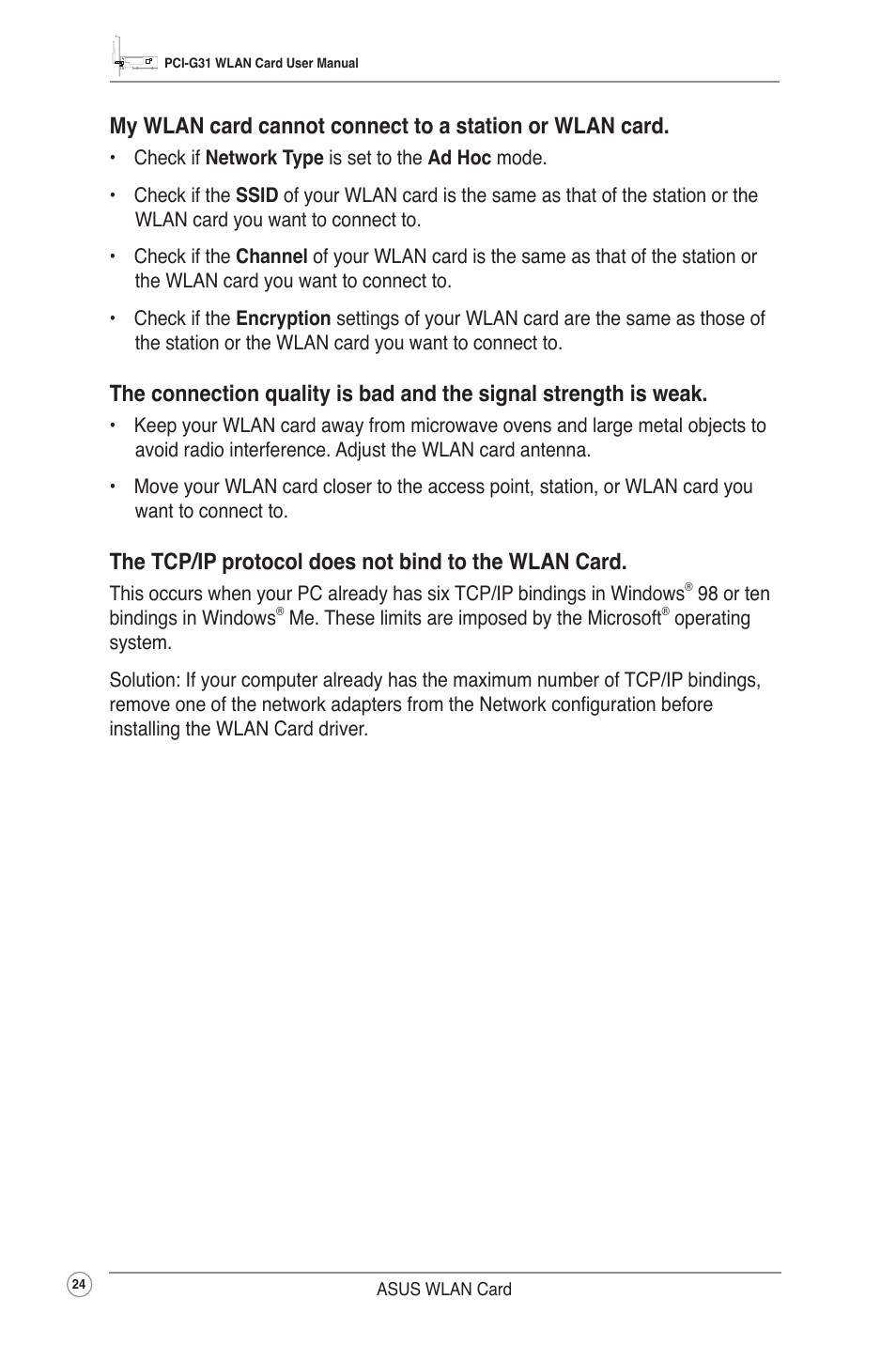 The tcp/ip protocol does not bind to the wlan card | Asus PCI-G31 User Manual | Page 27 / 38