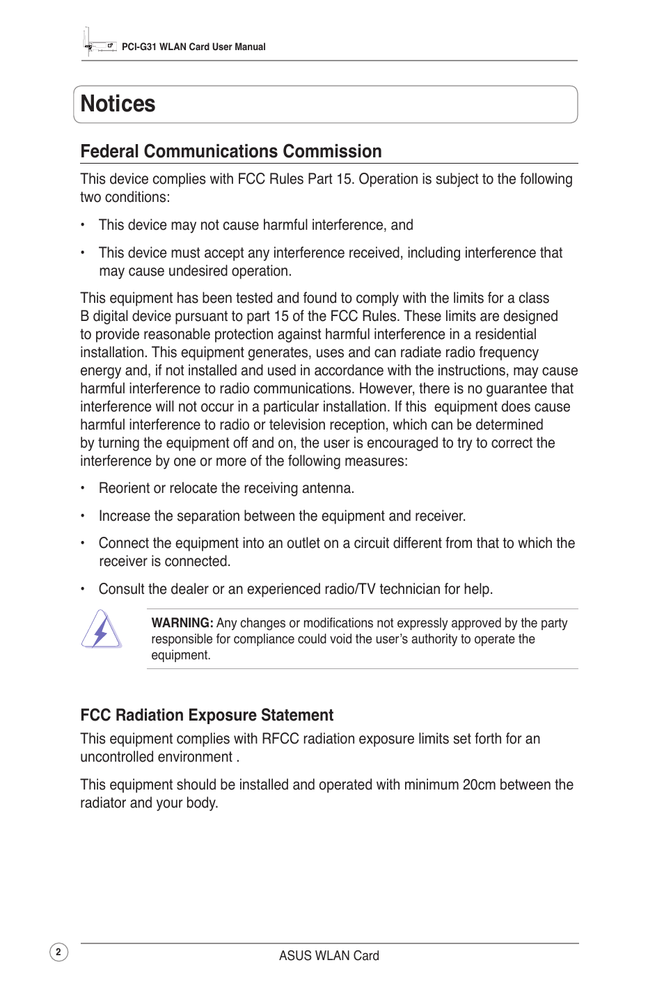 Notices, Federal communications commission | Asus PCI-G31 User Manual | Page 5 / 38