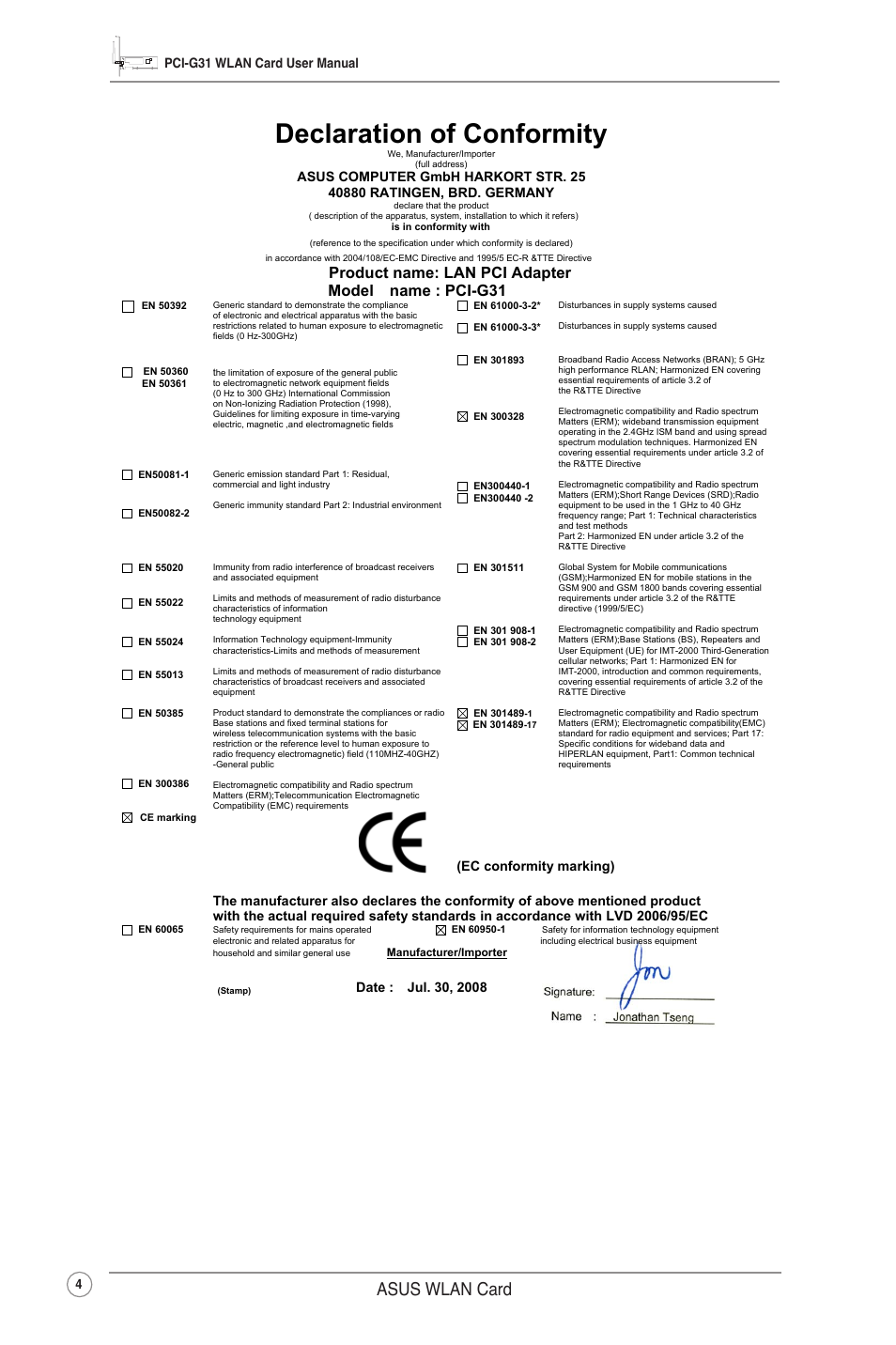 Declaration of conformity, Asus wlan card, Product name: lan pci adapter model name : pci-g31 | Pci-g31 wlan card user manual 4, Ec conformity marking) | Asus PCI-G31 User Manual | Page 7 / 38