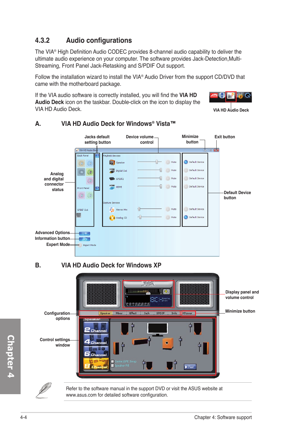 2 audio configurations, Audio configurations -4, Chapter 4 | A. via hd audio deck for windows, Vista, B. via hd audio deck for windows xp | Asus M4A78-E User Manual | Page 100 / 122