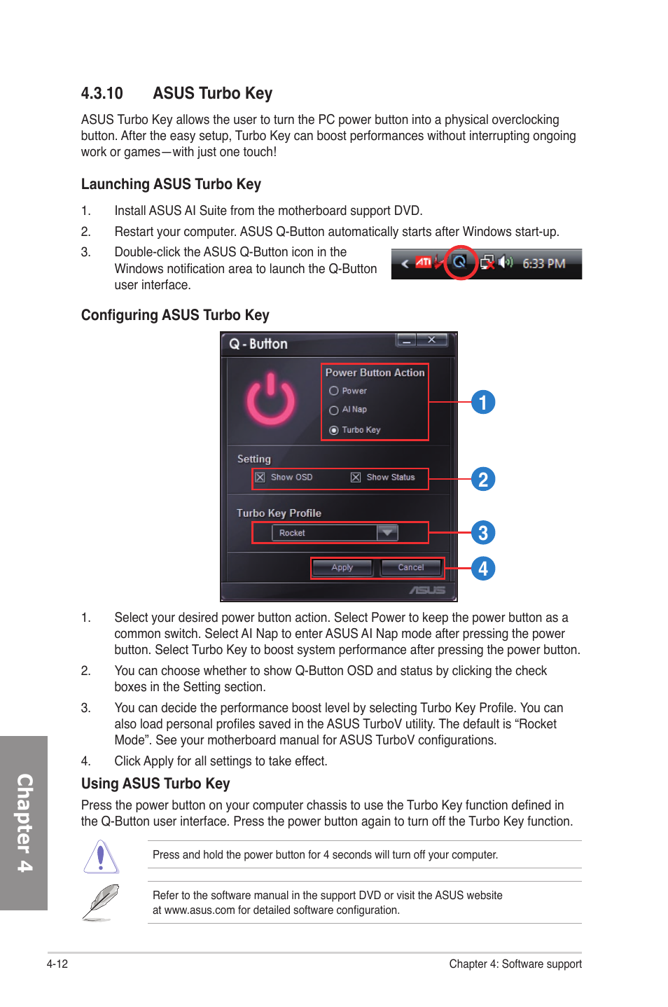 10 asus turbo key, Asus turbo key -12, Chapter 4 | Asus M4A78-E User Manual | Page 108 / 122