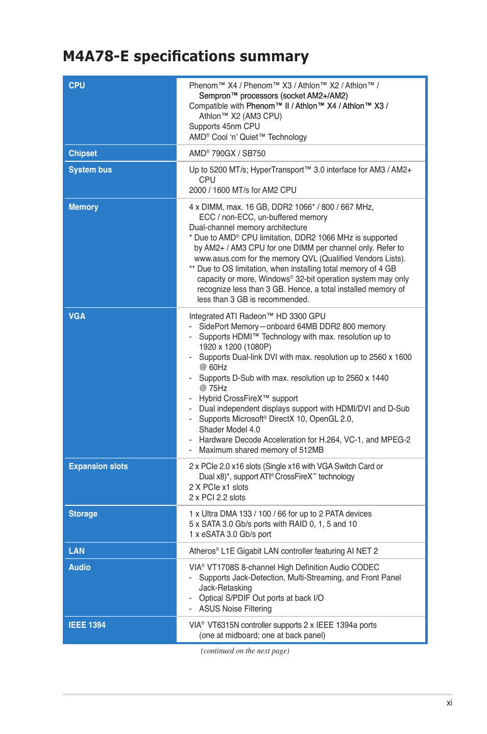 M4a78-e specifications summary | Asus M4A78-E User Manual | Page 11 / 122