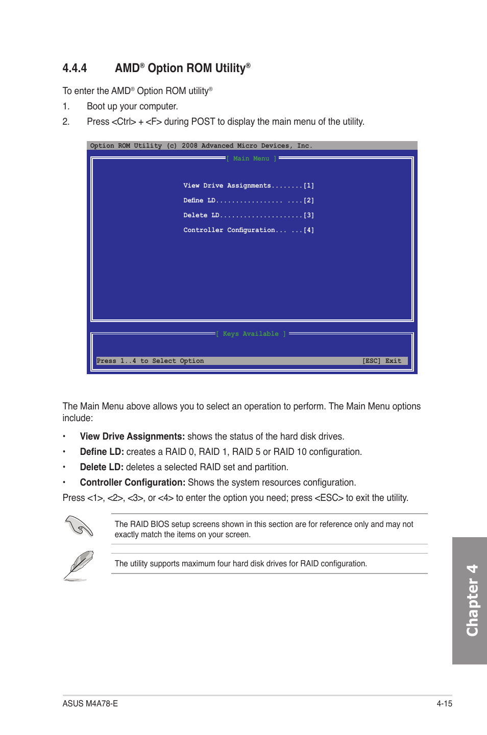 4 amd® option rom utility, Option rom utility, Chapter 4 | 4 amd | Asus M4A78-E User Manual | Page 111 / 122