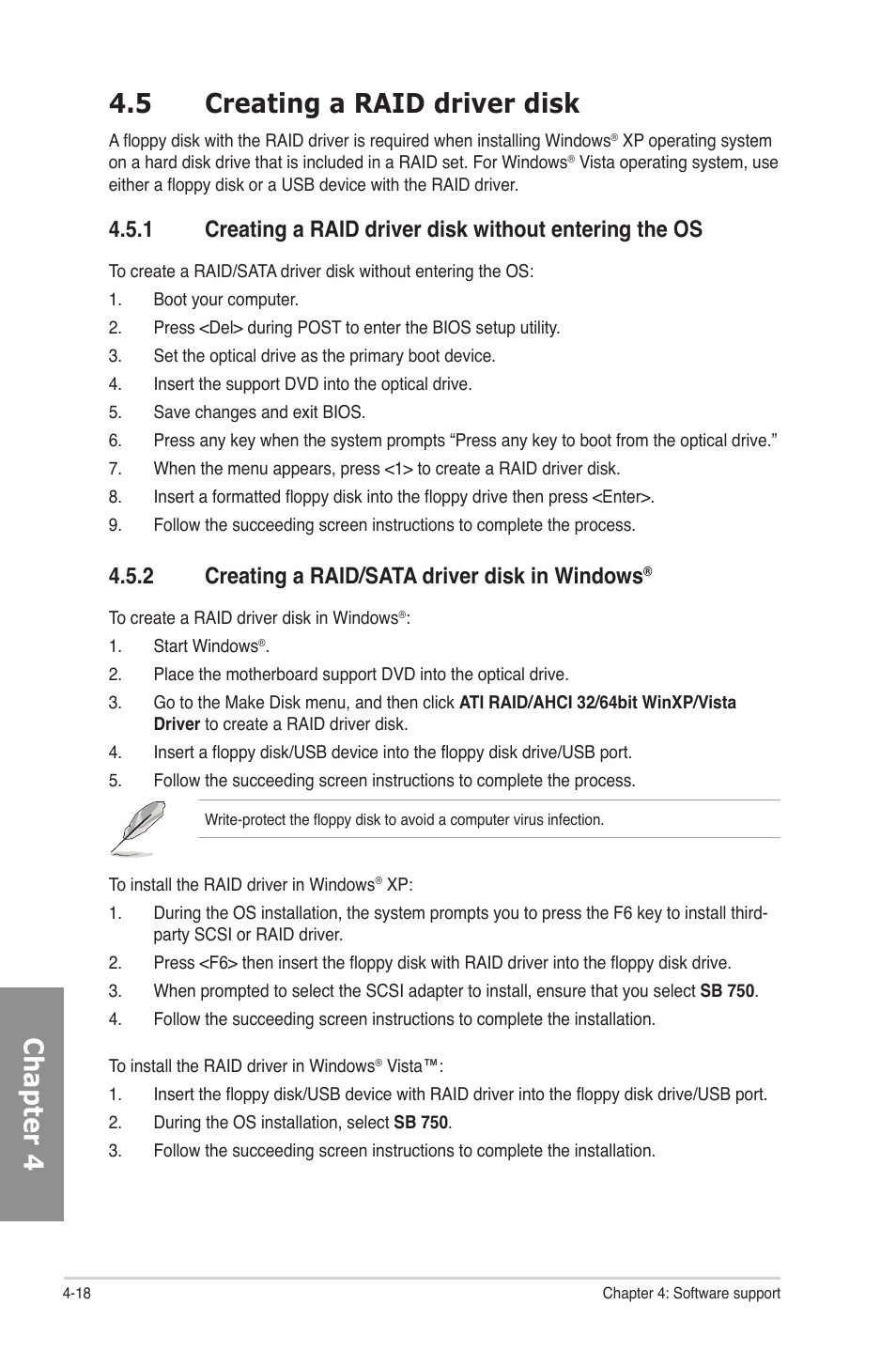 5 creating a raid driver disk, 2 creating a raid/sata driver disk in windows, Creating a raid driver disk -18 4.5.1 | Creating a raid/sata driver disk in windows, Chapter 4 | Asus M4A78-E User Manual | Page 114 / 122