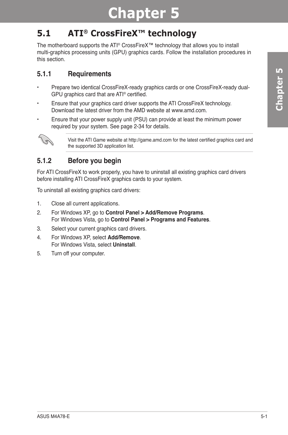 Chapter 5: ati® crossfirex™ technology support, 1 ati® crossfirex™ technology, 1 requirements | 2 before you begin, Chapter 5, Crossfirex™ technology support, Crossfirex™ technology -1, Requirements -1, Before you begin -1, Chapter 5 5.1 ati | Asus M4A78-E User Manual | Page 115 / 122