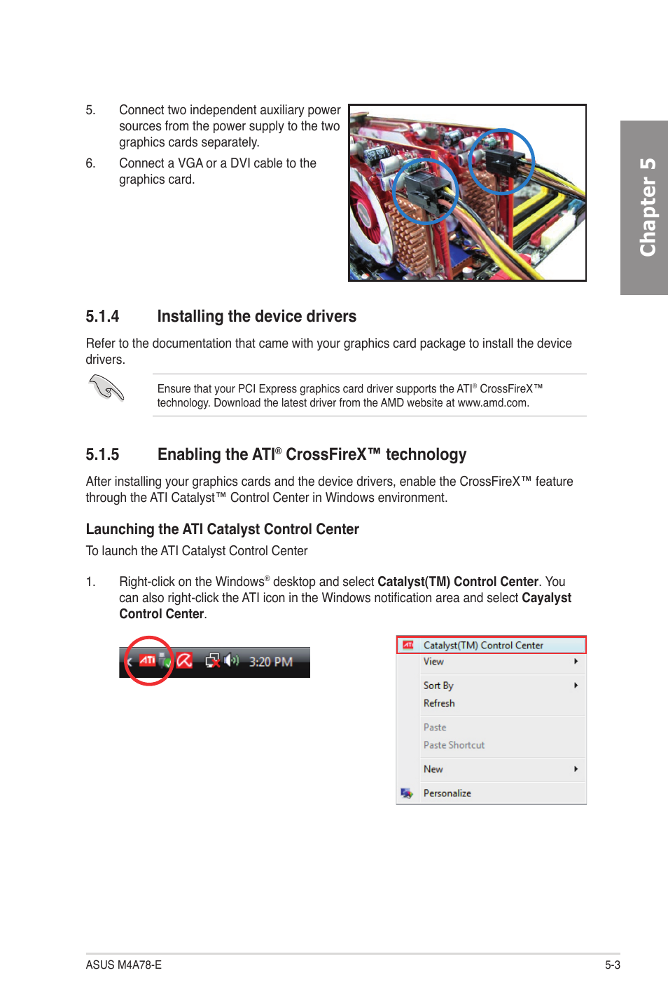 4 installing the device drivers, 5 enabling the ati® crossfirex™ technology, Installing the device drivers -3 | Enabling the ati, Crossfirex™ technology -3, Chapter 5, 5 enabling the ati, Crossfirex™ technology | Asus M4A78-E User Manual | Page 117 / 122