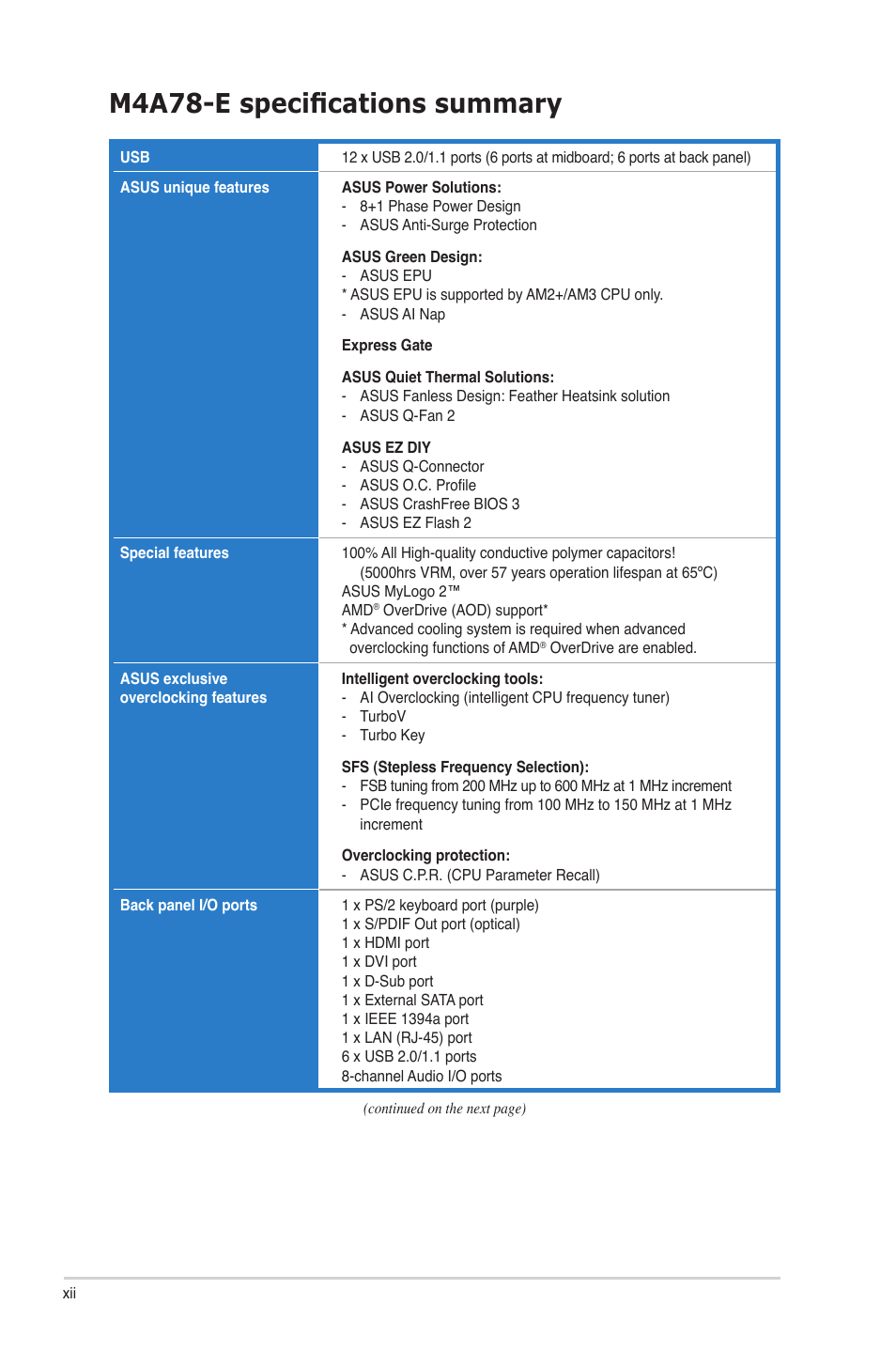M4a78-e specifications summary | Asus M4A78-E User Manual | Page 12 / 122