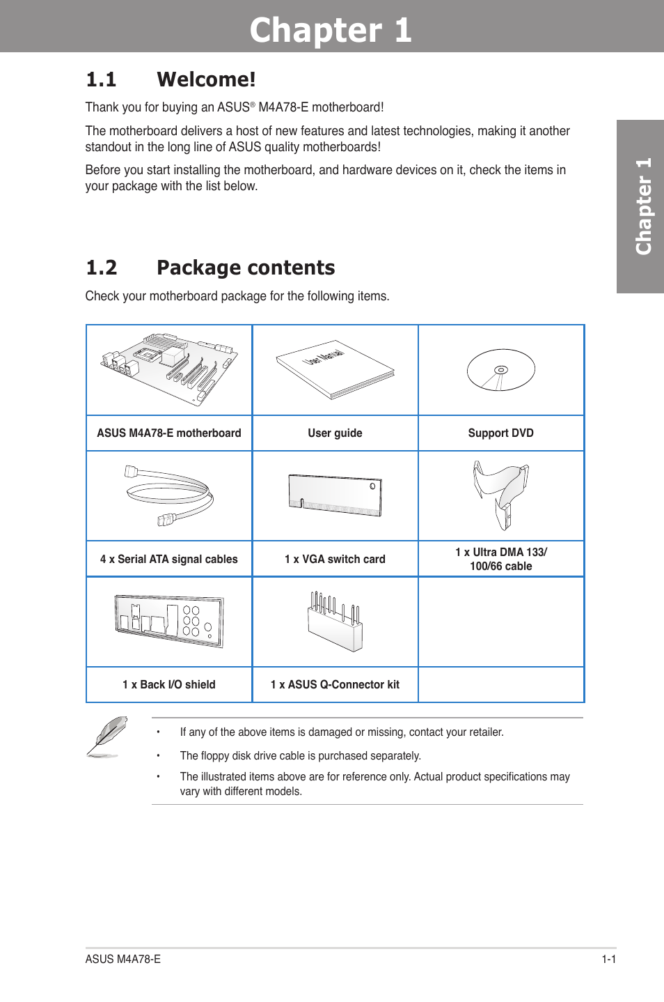 Chapter 1: product introduction, 1 welcome, 2 package contents | Chapter 1, Product introduction, Welcome! -1, Package contents -1, Chapter 1 1.1 welcome | Asus M4A78-E User Manual | Page 15 / 122