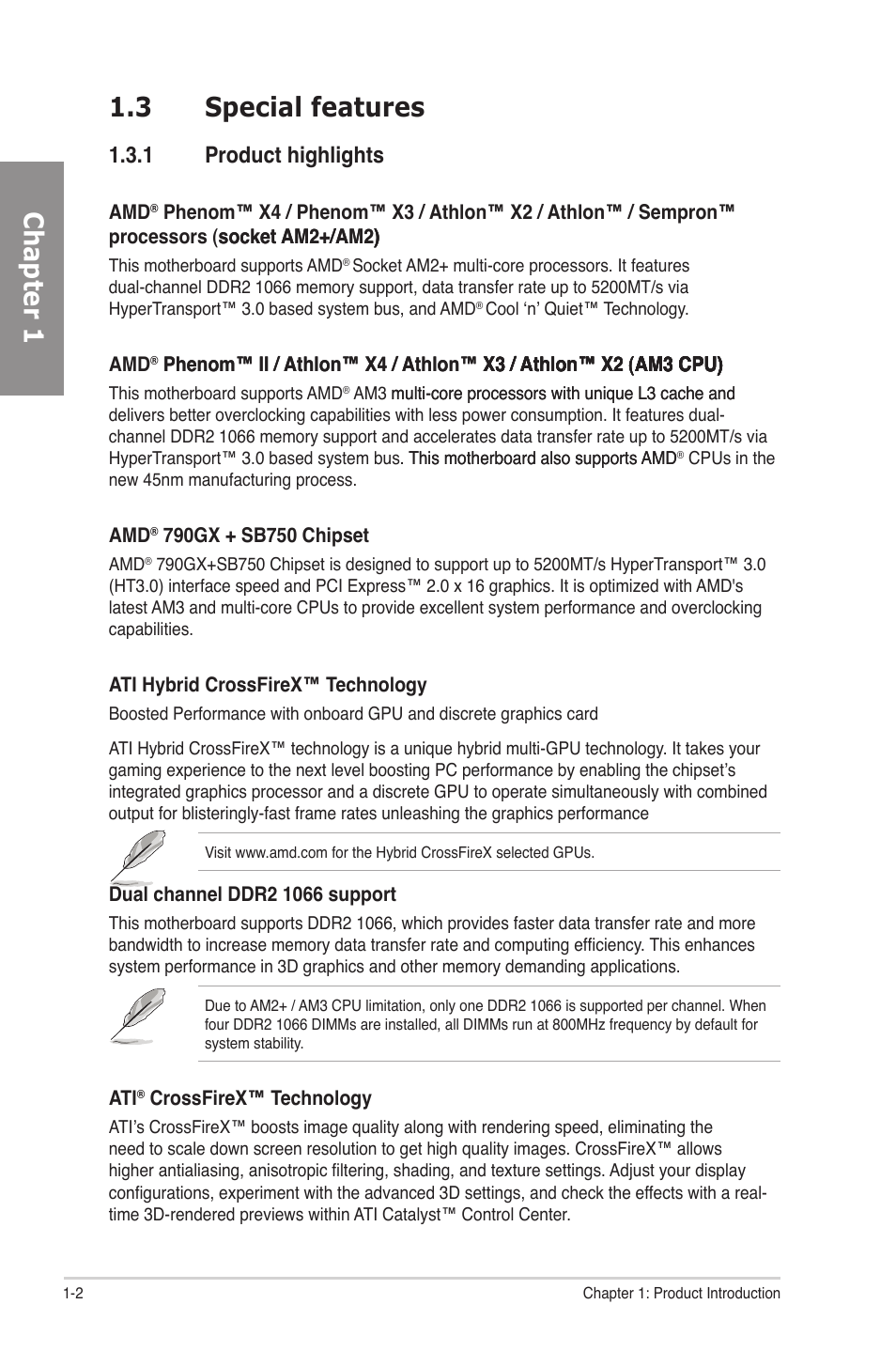 3 special features, 1 product highlights, Special features -2 1.3.1 | Product highlights -2, Chapter 1 1.3 special features | Asus M4A78-E User Manual | Page 16 / 122