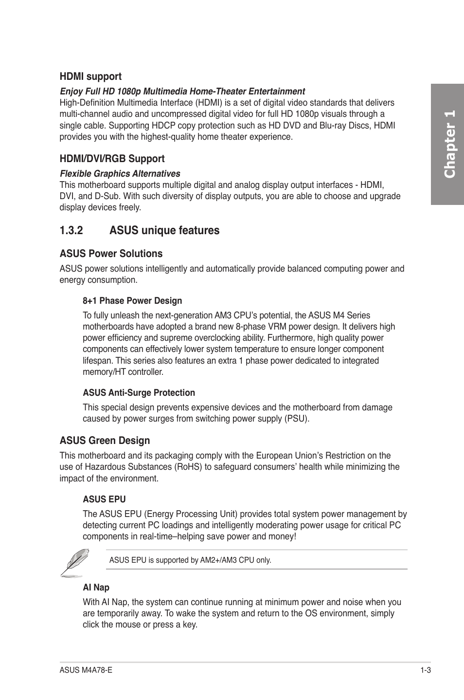 2 asus unique features, Asus unique features -3, Chapter 1 | Asus M4A78-E User Manual | Page 17 / 122