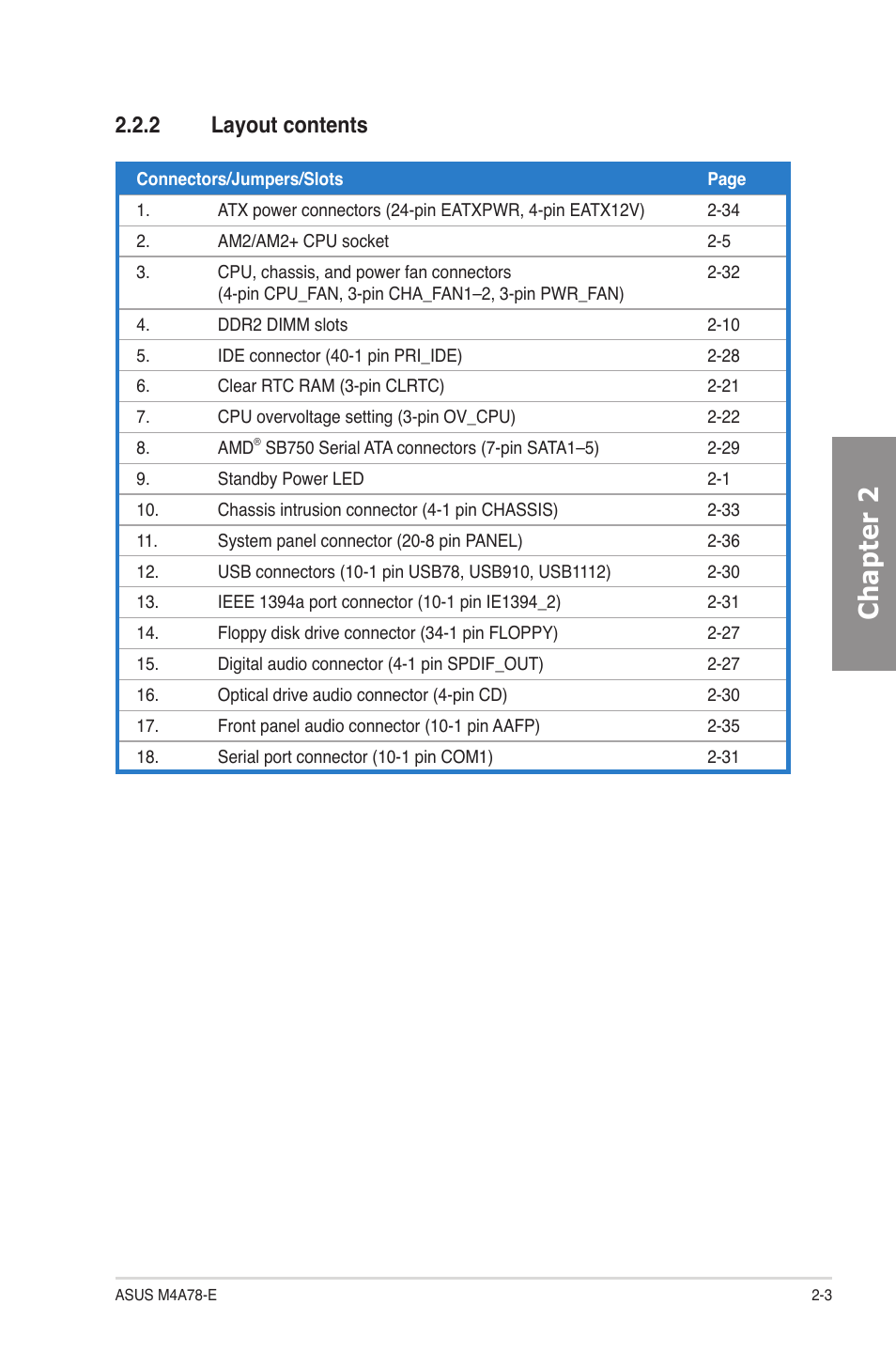 2 layout contents, Layout contents -3, Chapter 2 | Asus M4A78-E User Manual | Page 23 / 122