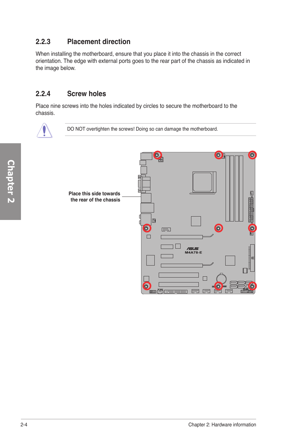 3 placement direction, 4 screw holes, Placement direction -4 | Screw holes -4, Chapter 2 | Asus M4A78-E User Manual | Page 24 / 122