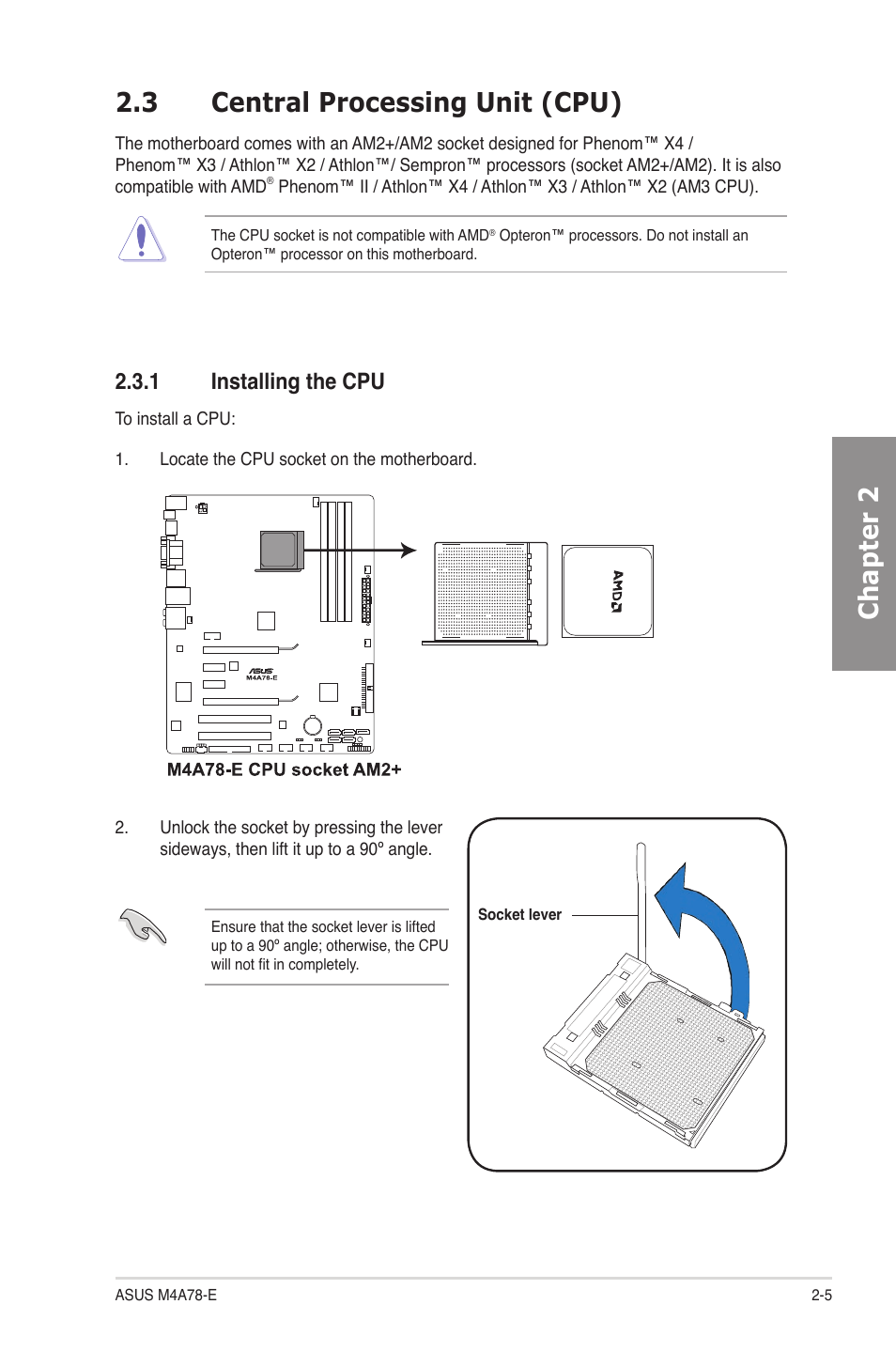 3 central processing unit (cpu), 1 installing the cpu, Central processing unit (cpu) -5 2.3.1 | Installing the cpu -5, Chapter 2 | Asus M4A78-E User Manual | Page 25 / 122