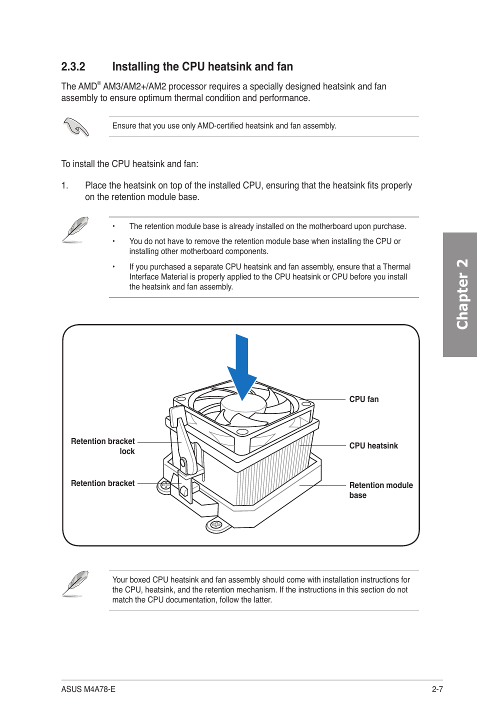 2 installing the cpu heatsink and fan, Installing the cpu heatsink and fan -7, Chapter 2 | Asus M4A78-E User Manual | Page 27 / 122