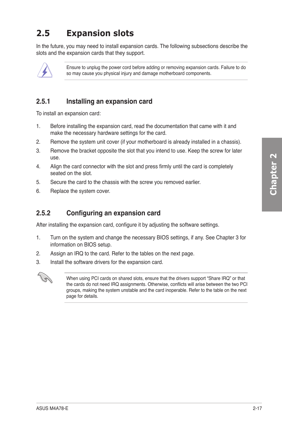 5 expansion slots, 1 installing an expansion card, 2 configuring an expansion card | Expansion slots -17 2.5.1, Installing an expansion card -17, Configuring an expansion card -17, Chapter 2 2.5 expansion slots | Asus M4A78-E User Manual | Page 37 / 122