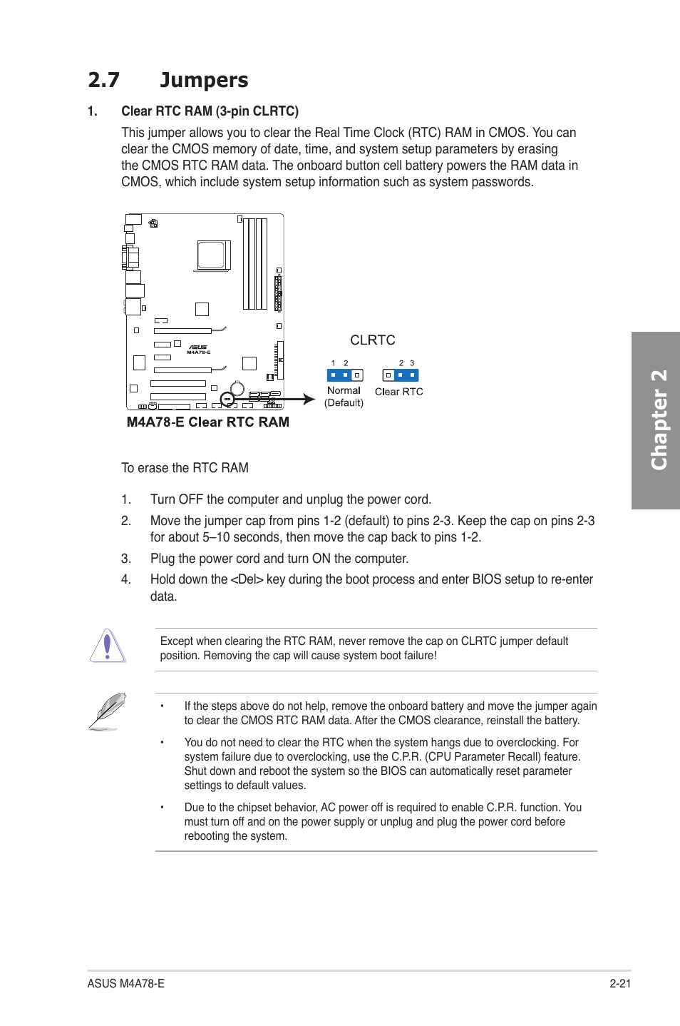 7 jumpers, Jumpers -21, Chapter 2 2.7 jumpers | Asus M4A78-E User Manual | Page 41 / 122