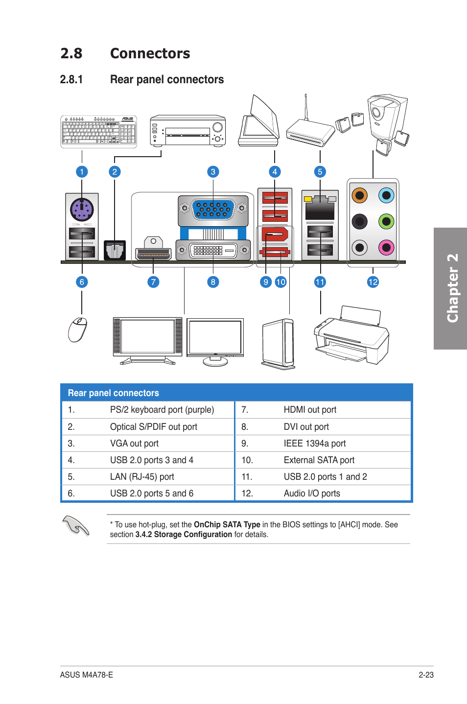 8 connectors, 1 rear panel connectors, Connectors -23 | Rear panel connectors -23, Chapter 2 2.8 connectors | Asus M4A78-E User Manual | Page 43 / 122