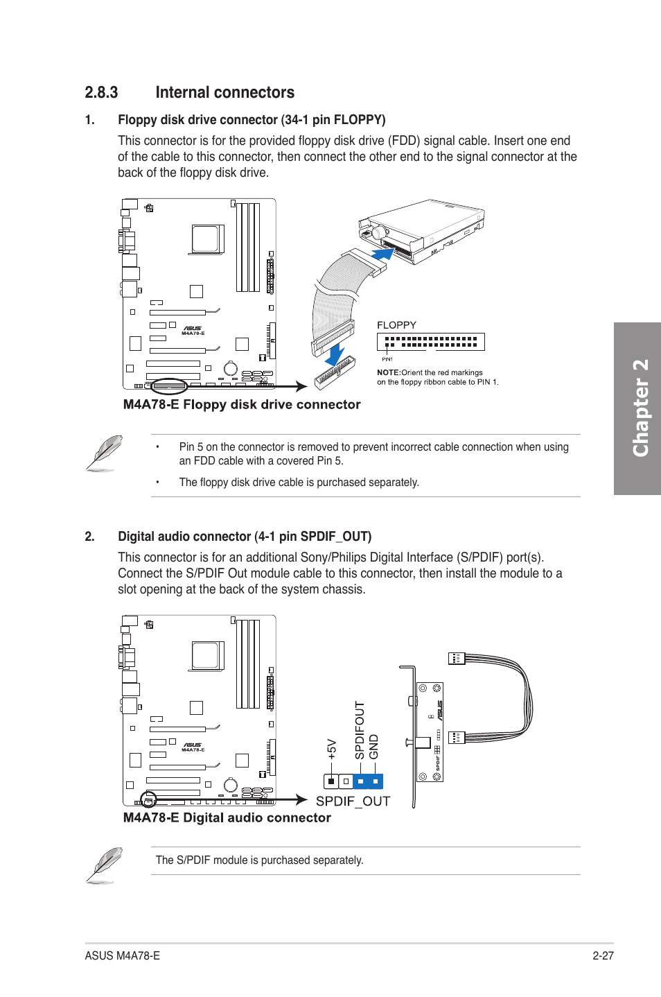 3 internal connectors, Internal connectors -27, Chapter 2 | Asus M4A78-E User Manual | Page 47 / 122