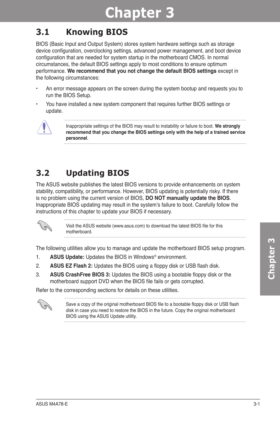 Chapter 3: bios setup, 1 knowing bios, 2 updating bios | Chapter 3, Bios setup, Knowing bios -1, Updating bios -1, Chapter 3 3.1 knowing bios | Asus M4A78-E User Manual | Page 59 / 122