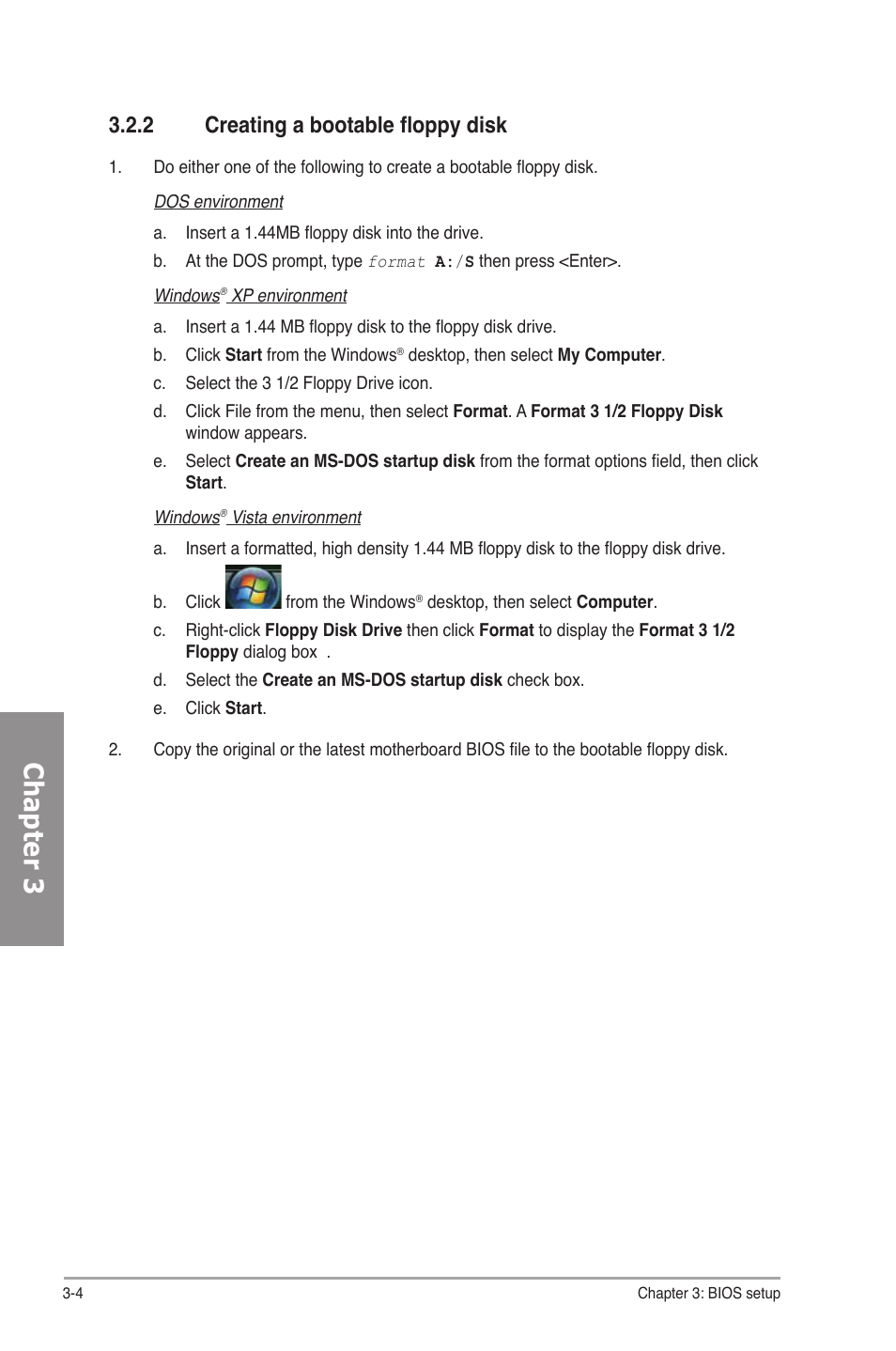 2 creating a bootable floppy disk, Creating a bootable floppy disk -4, Chapter 3 | Asus M4A78-E User Manual | Page 62 / 122