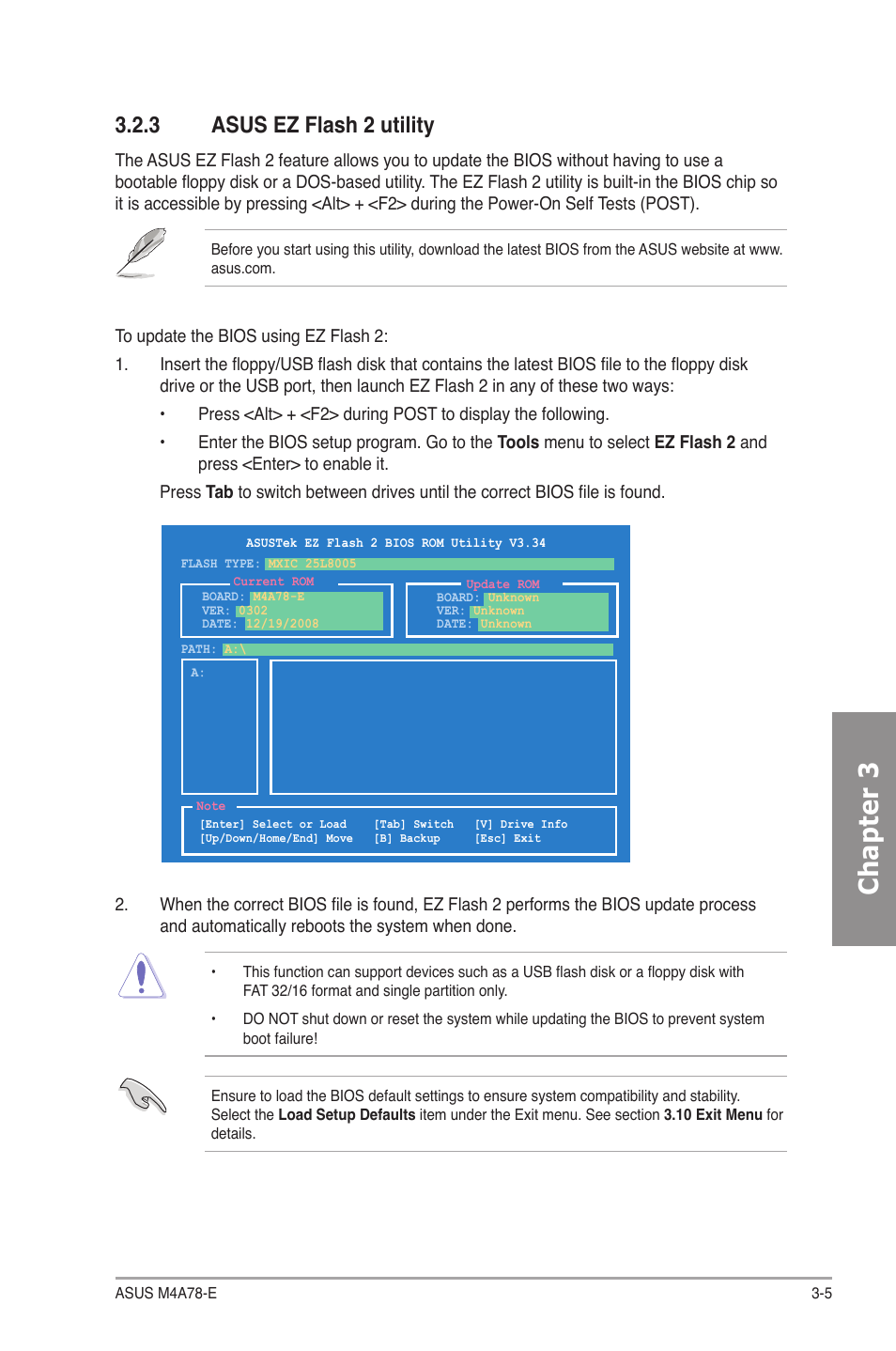3 asus ez flash 2 utility, Asus ez flash 2 utility -5, Chapter 3 | Asus M4A78-E User Manual | Page 63 / 122