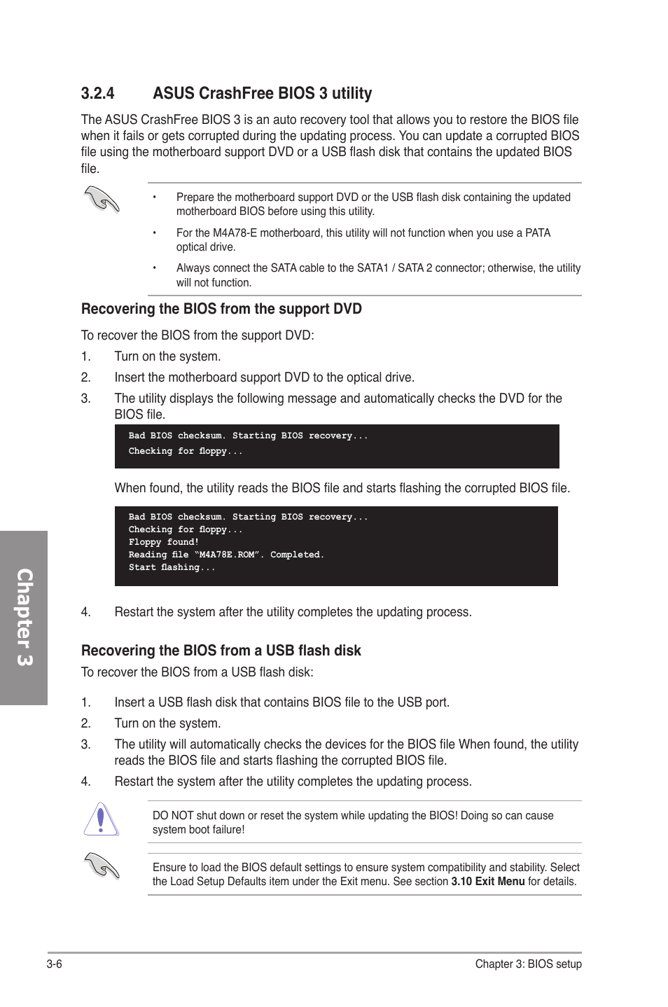 4 asus crashfree bios 3 utility, Asus crashfree bios 3 utility -6, Chapter 3 | Asus M4A78-E User Manual | Page 64 / 122
