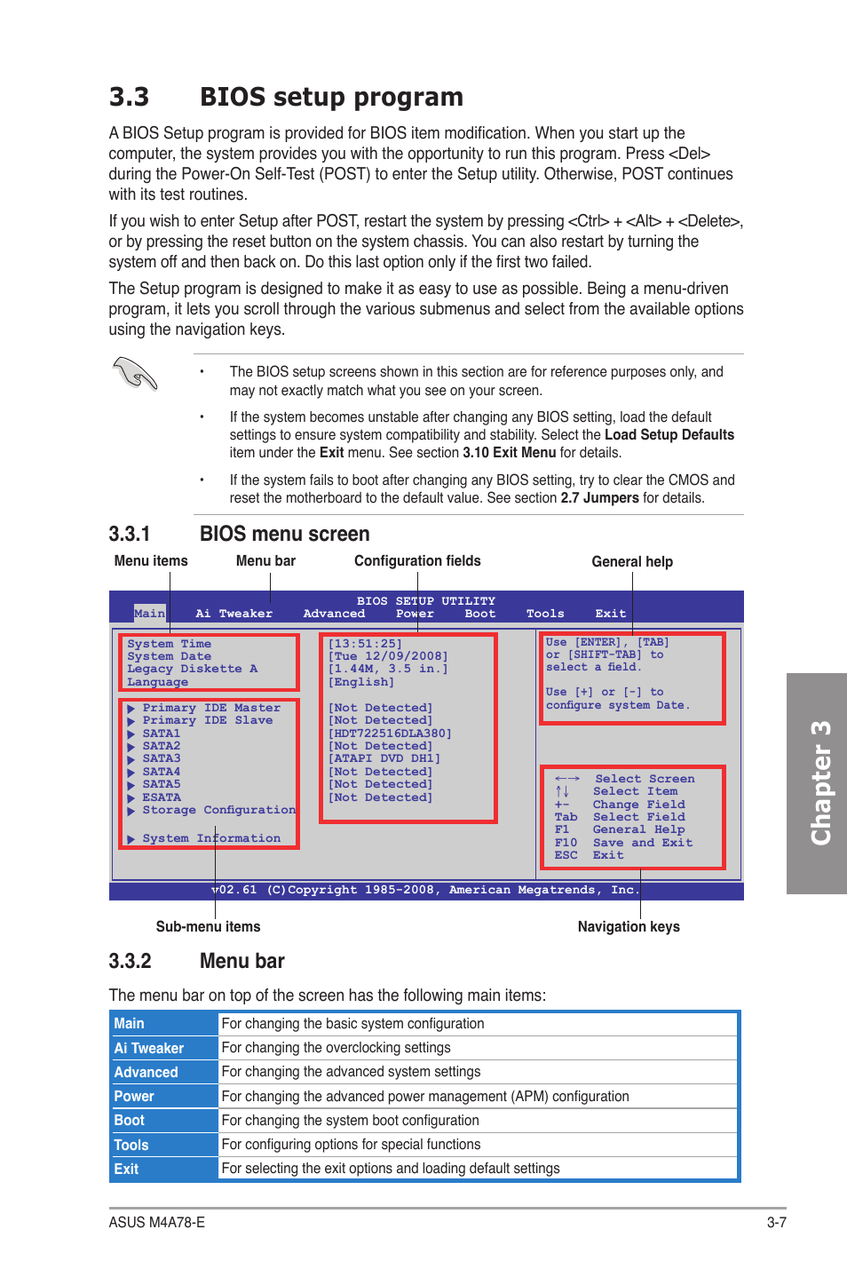 3 bios setup program, 1 bios menu screen, 2 menu bar | Bios setup program -7 3.3.1, Bios menu screen -7, Menu bar -7, Chapter 3 3.3 bios setup program, 1 bios menu screen 3.3.2 menu bar | Asus M4A78-E User Manual | Page 65 / 122